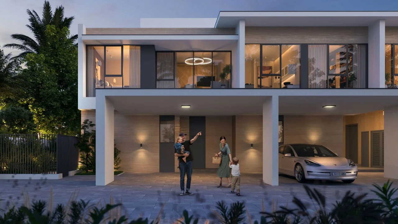 Equiterra at Grand Polo Club and Resort by Emaar modern villa exterior with covered parking floor to ceiling windows and warm evening lighting in Dubai - Presented by Tohid Fetrat