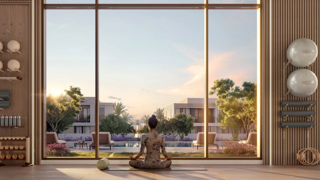 Equiterra at Grand Polo Club and Resort by Emaar yoga studio with wellness setup floor to ceiling windows and garden pool views in Dubai - Presented by Tohid Fetrat