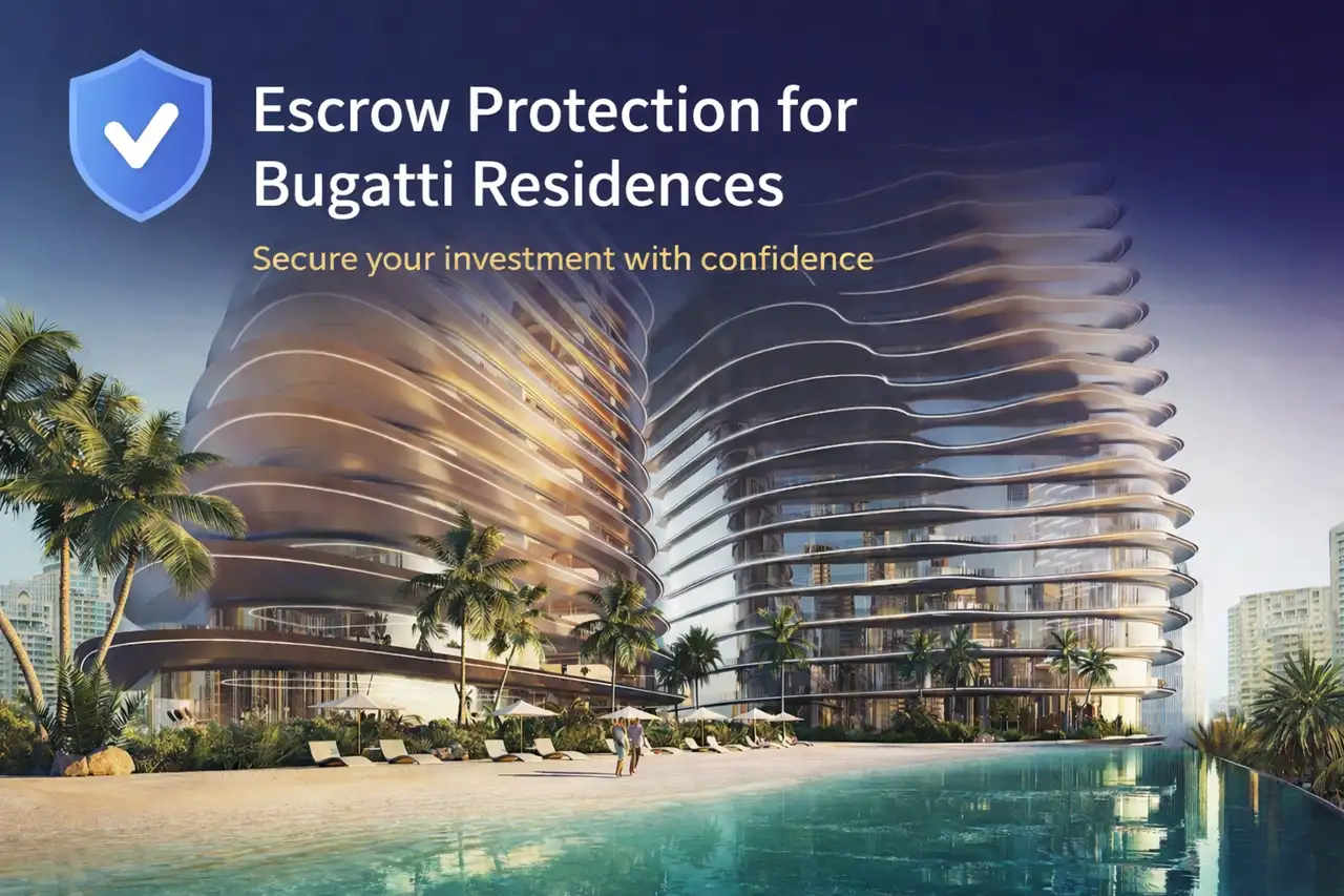 Escrow Accounts for Bugatti Residences luxury waterfront architecture with poolside view in Business Bay Dubai Presented by Tohid Fetrat