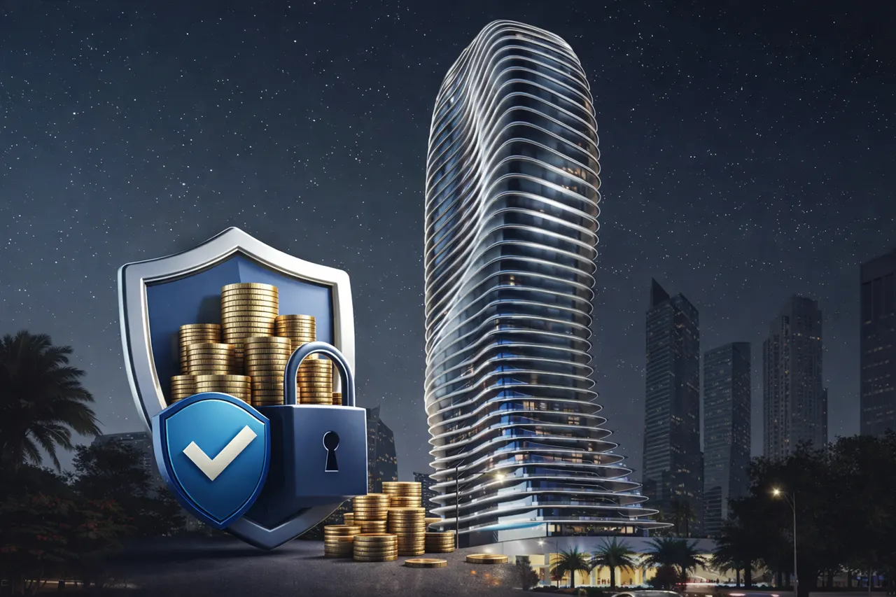 Escrow Accounts for Bugatti Residences secure investment concept with night tower architecture in Business Bay Dubai Presented by Tohid Fetrat