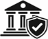 Minimal black line icon showing bank building with shield and check mark representing escrow bank security Presented by Tohid Fetrat