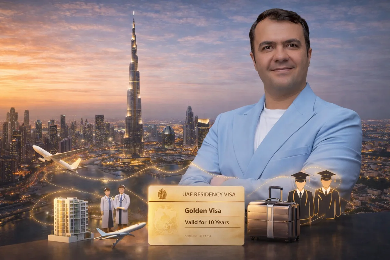 Golden Visa eligibility criteria through Bayline investment with Dubai skyline residency visa and investment concept Presented by Tohid Fetrat