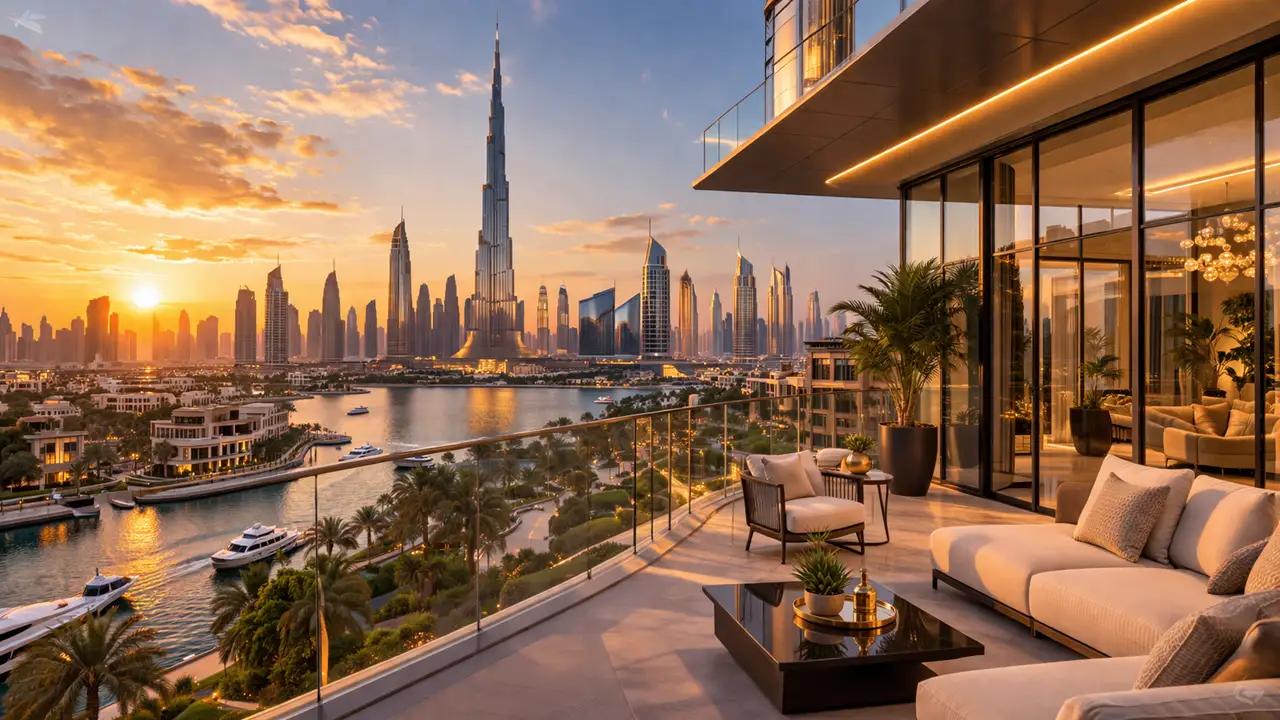 Luxury apartment terrace with Burj Khalifa and waterfront skyline view for Golden Visa Properties for Sale in Dubai showcasing premium urban living. Presented by Tohid Fetrat