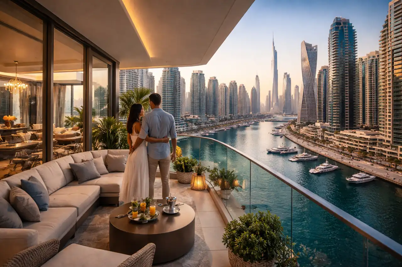 Luxury waterfront apartment balcony with marina skyline view for Golden Visa Properties for Sale in Dubai and Types of Golden Visa Apartments types section. Presented by Tohid Fetrat
