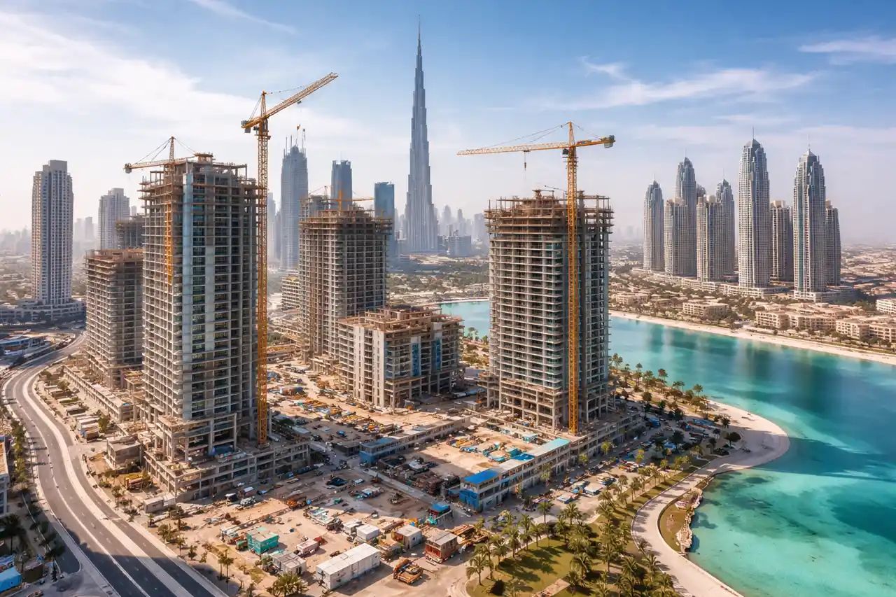 Dubai off plan waterfront residential towers under construction with Burj Khalifa skyline for Golden Visa Properties for Sale in Dubai and Types of Golden Visa Off Plan Properties. Presented by Tohid Fetrat