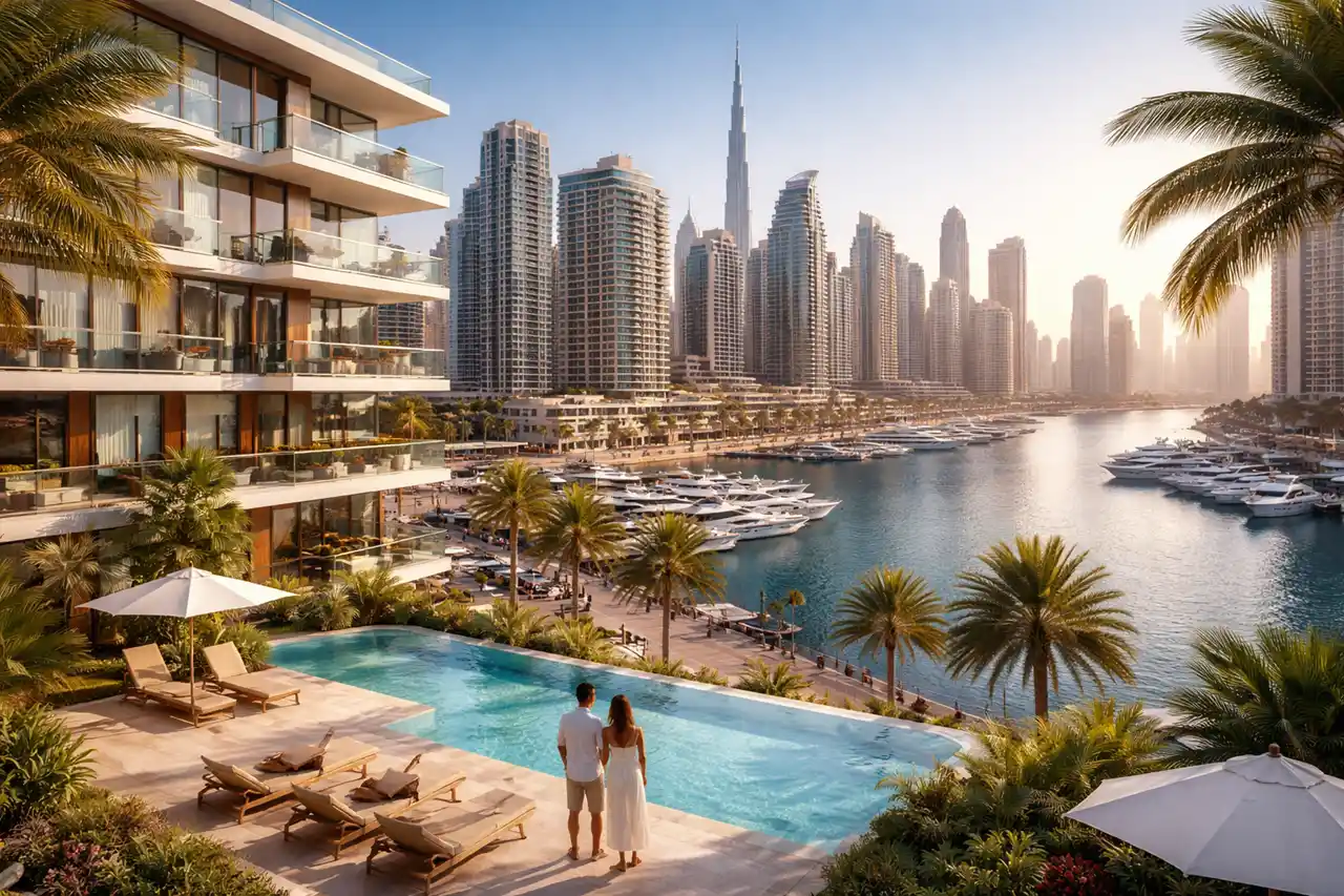 Luxury ready waterfront apartment with marina skyline and resort style pool for Golden Visa Properties for Sale in Dubai and Types of Golden Visa Ready Properties. Presented by Tohid Fetrat