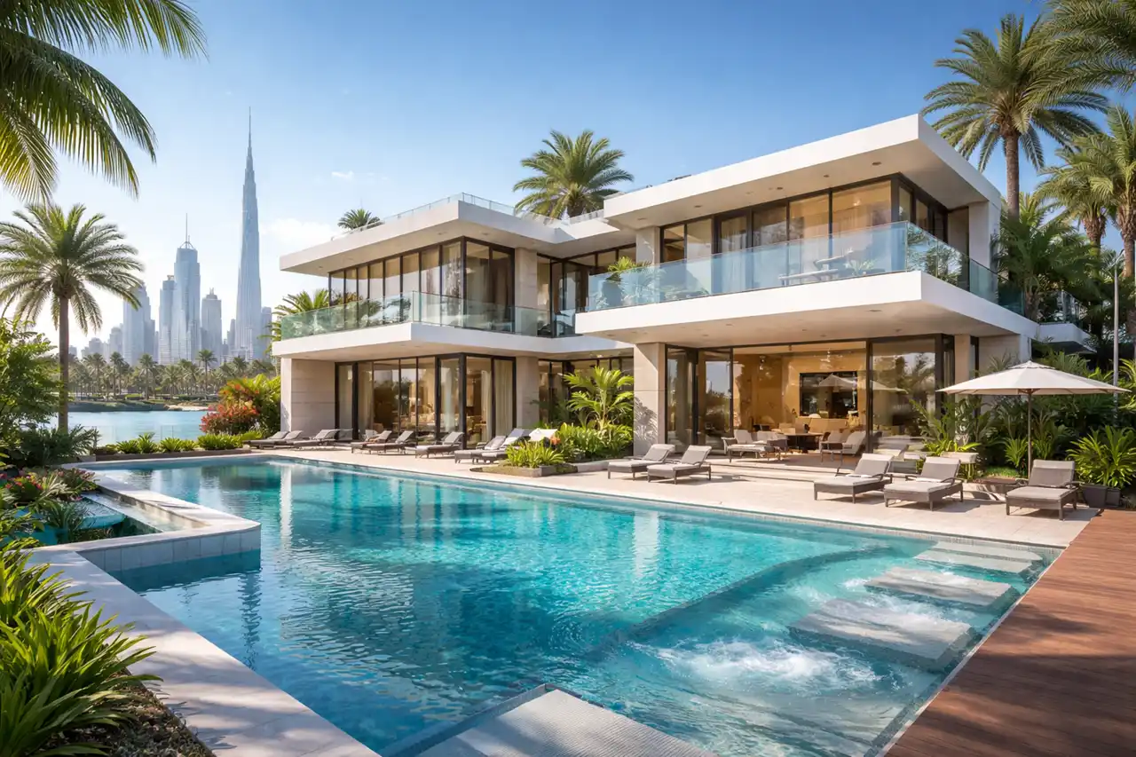 Luxury waterfront villa with private pool and Burj Khalifa skyline view for Golden Visa Properties for Sale in Dubai and Types of Golden Visa villas type section. Presented by Tohid Fetrat