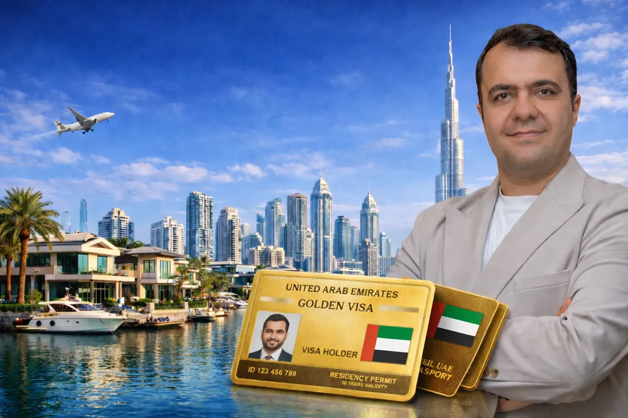 Golden Visa Through Property in Dubai visual featuring luxury waterfront villas, Dubai skyline, Burj Khalifa, Golden Visa card and real estate investment concept. Presented by Tohid Fetrat