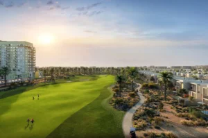 Golf Dale at Emaar South by Emaar mid rise apartment building overlooking landscaped golf course with palm lined pathways in Dubai - Presented by Tohid Fetrat