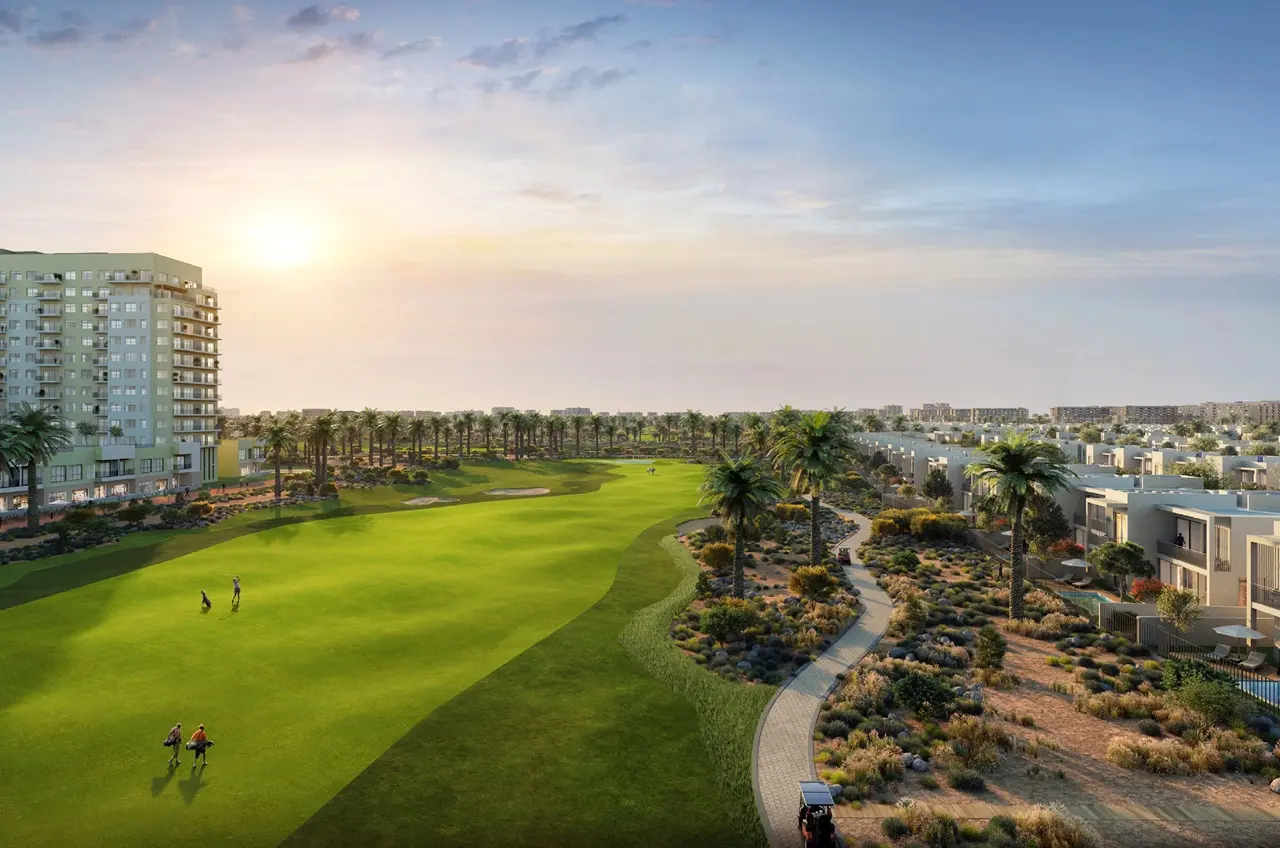 Golf Dale at Emaar South by Emaar mid rise apartment building overlooking landscaped golf course with palm lined pathways in Dubai - Presented by Tohid Fetrat