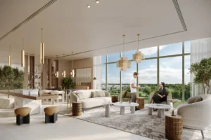 Golf Dale at Emaar South by Emaar spacious apartment living area with modern furniture large windows and golf course view in Dubai - Presented by Tohid Fetrat