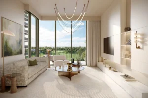 Golf Dale at Emaar South by Emaar modern living room with elegant furniture floor to ceiling windows and golf course view in Dubai - Presented by Tohid Fetrat