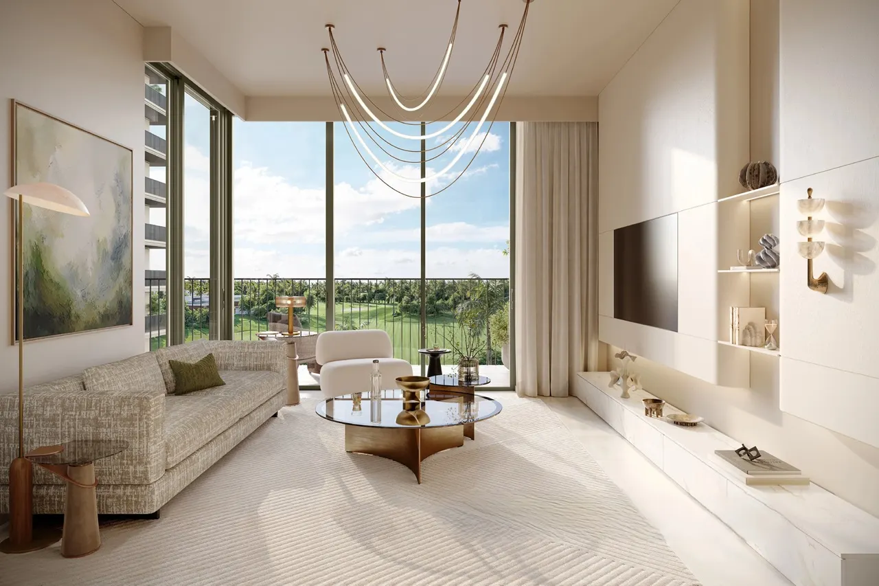 Golf Dale at Emaar South by Emaar modern living room with elegant furniture floor to ceiling windows and golf course view in Dubai - Presented by Tohid Fetrat