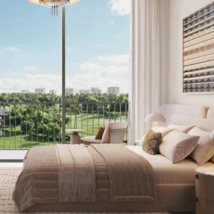 Golf Dale at Emaar South by Emaar modern bedroom with soft neutral tones and balcony overlooking green golf course in Dubai - Presented by Tohid Fetrat