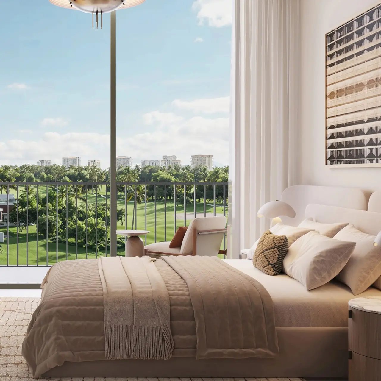 Golf Dale at Emaar South by Emaar modern bedroom with soft neutral tones and balcony overlooking green golf course in Dubai - Presented by Tohid Fetrat
