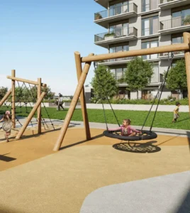 Golf Dale at Emaar South by Emaar outdoor kids playground with wooden play structures swings and landscaped residential surroundings in Dubai - Presented by Tohid Fetrat