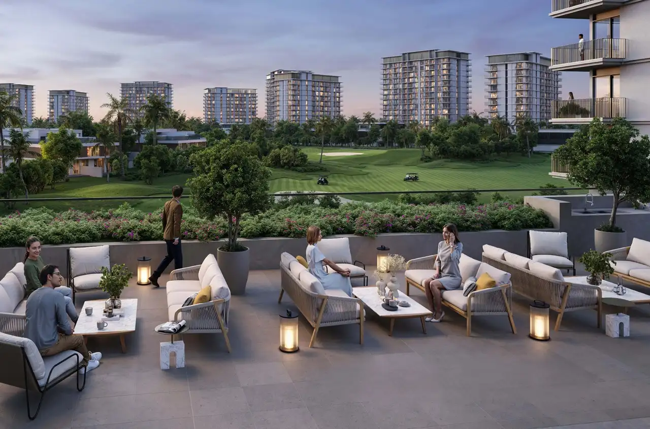 Golf Dale at Emaar South by Emaar outdoor lounge seating area overlooking landscaped golf course with residential buildings in Dubai - Presented by Tohid Fetrat