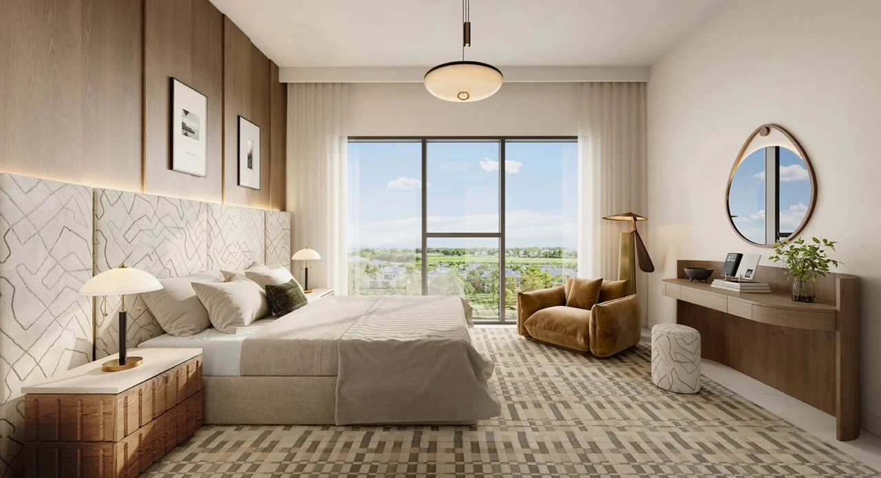 Golf Hills at Emaar South by Emaar modern bedroom interior with large window natural light and green view in Dubai - Presented by Tohid Fetrat