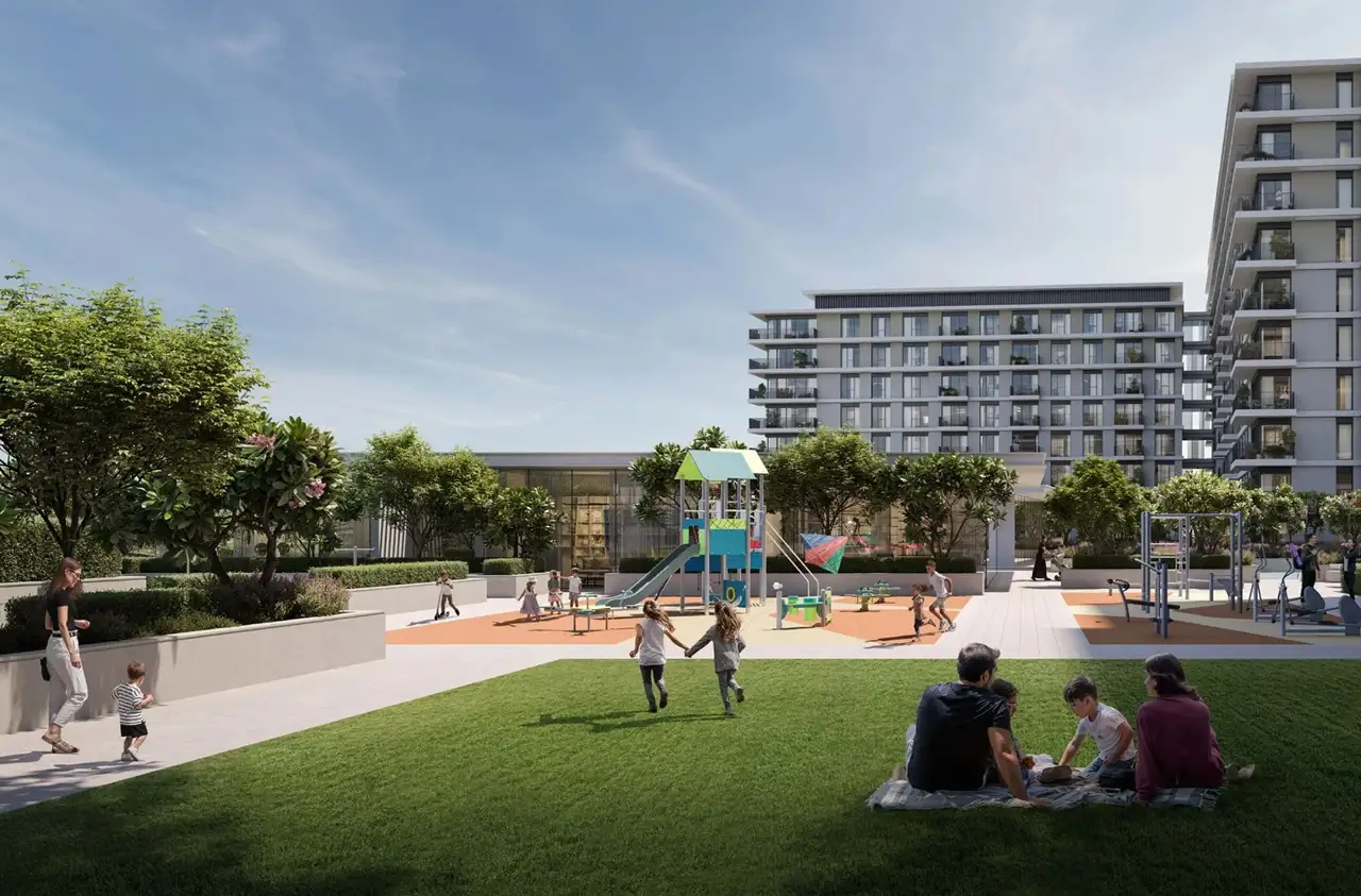 Golf Hills at Emaar South by Emaar landscaped community park with children playground and modern residential buildings in Dubai - Presented by Tohid Fetrat