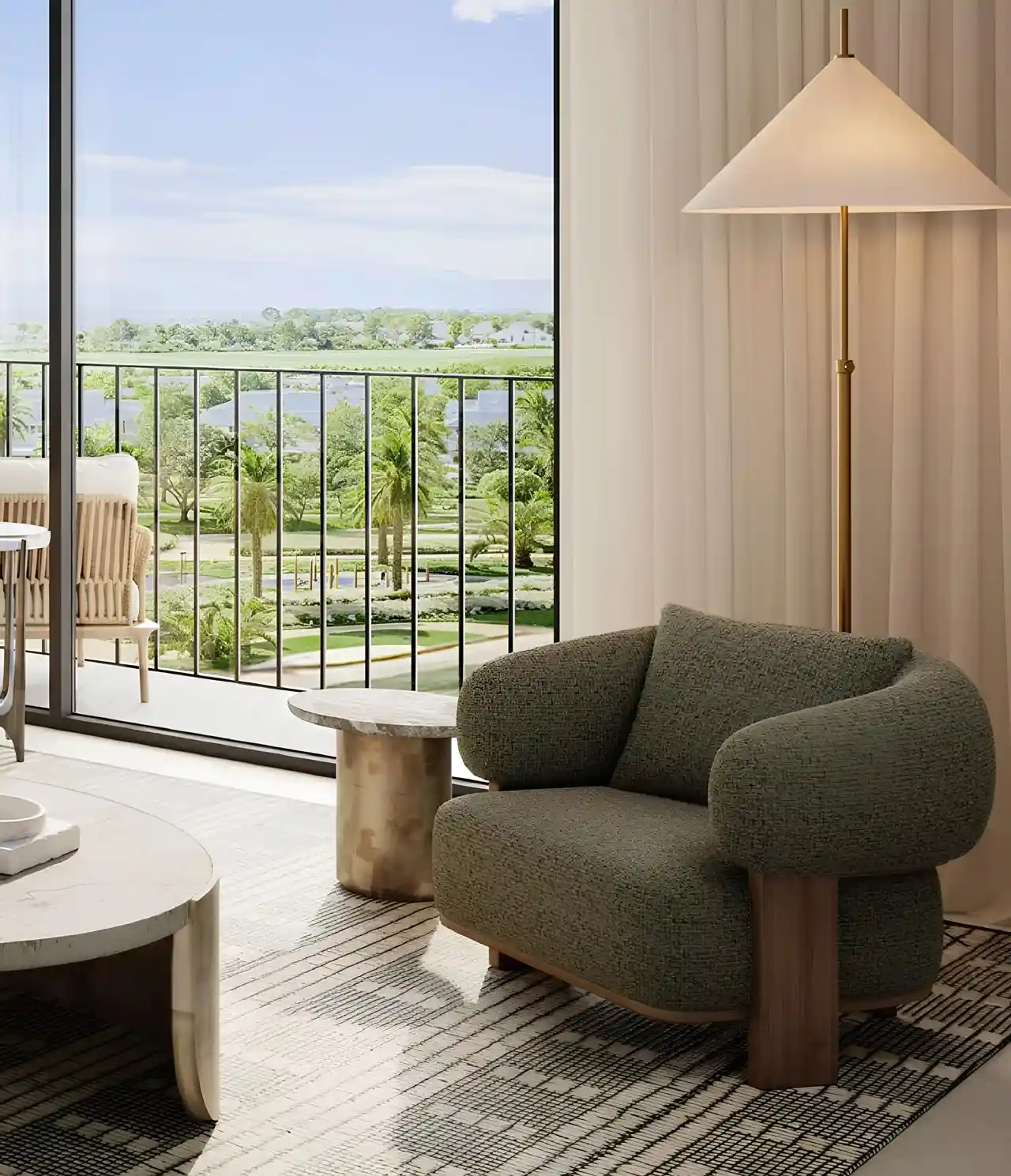 Golf Hills at Emaar South by Emaar modern apartment interior with balcony overlooking green landscape in Dubai - Presented by Tohid Fetrat