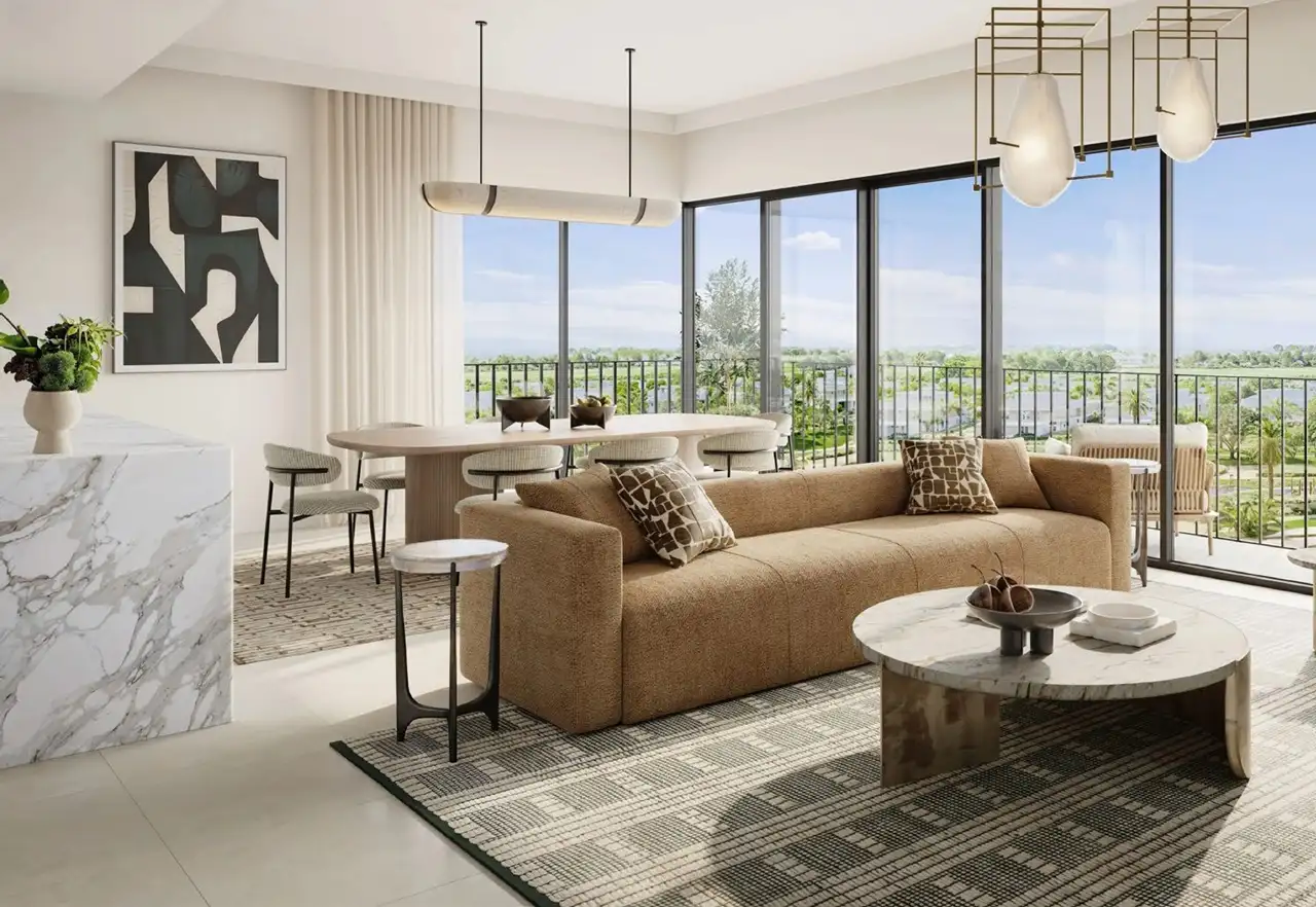 Golf Hills at Emaar South by Emaar modern living and dining area with large windows balcony and green views in Dubai - Presented by Tohid Fetrat