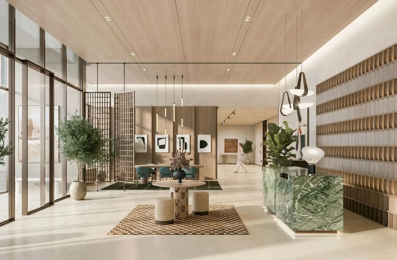 Golf Hills at Emaar South by Emaar elegant lobby interior with reception desk modern furniture and natural finishes in Dubai - Presented by Tohid Fetrat