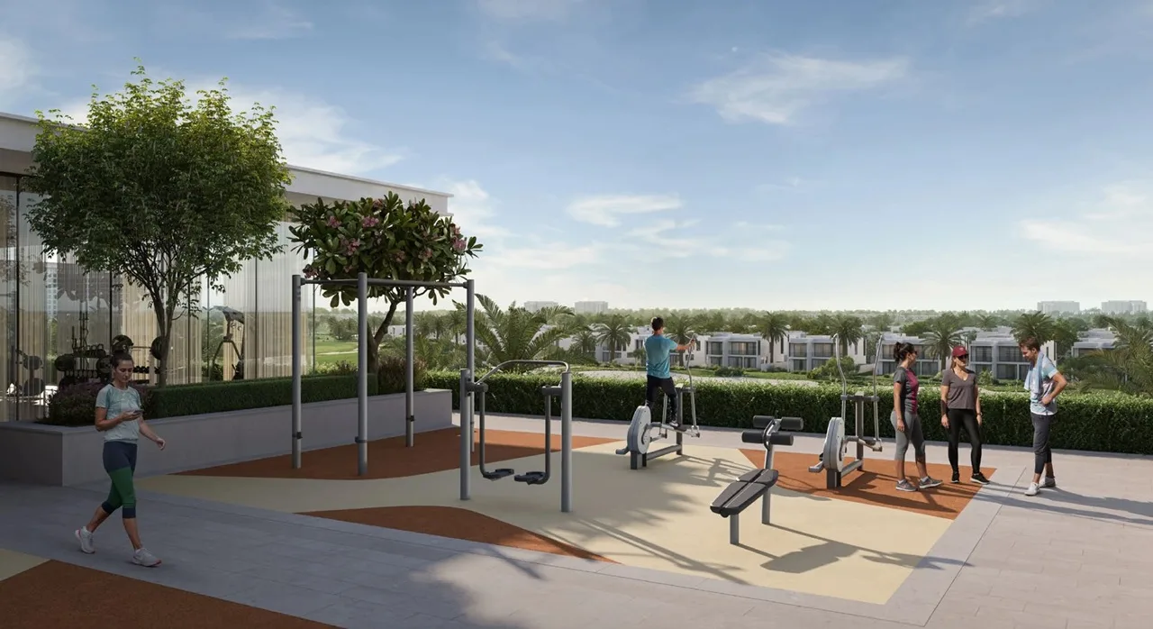 Golf Hills at Emaar South by Emaar outdoor gym area with fitness equipment and landscaped surroundings in Dubai - Presented by Tohid Fetrat