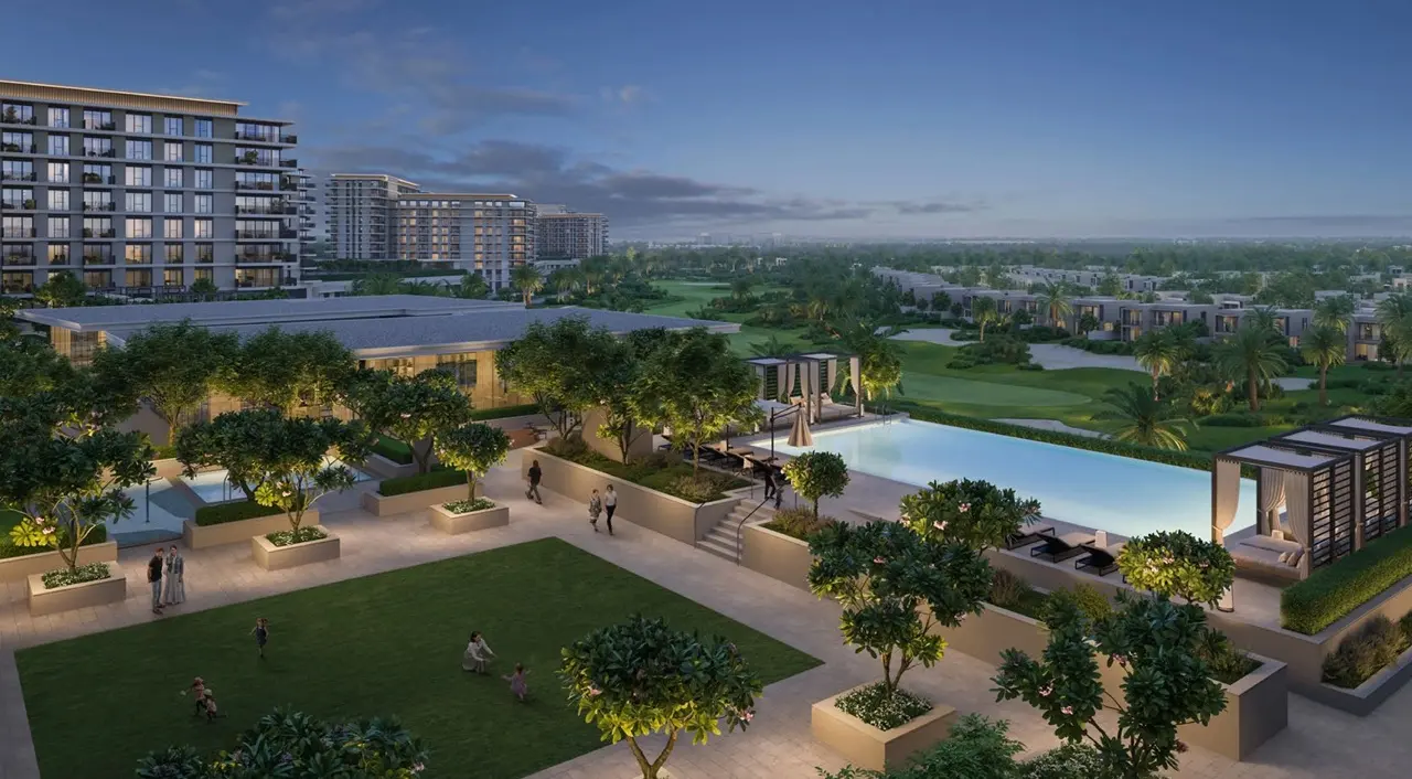 Golf Hills at Emaar South by Emaar elevated community view with swimming pool landscaped gardens and residential buildings in Dubai - Presented by Tohid Fetrat