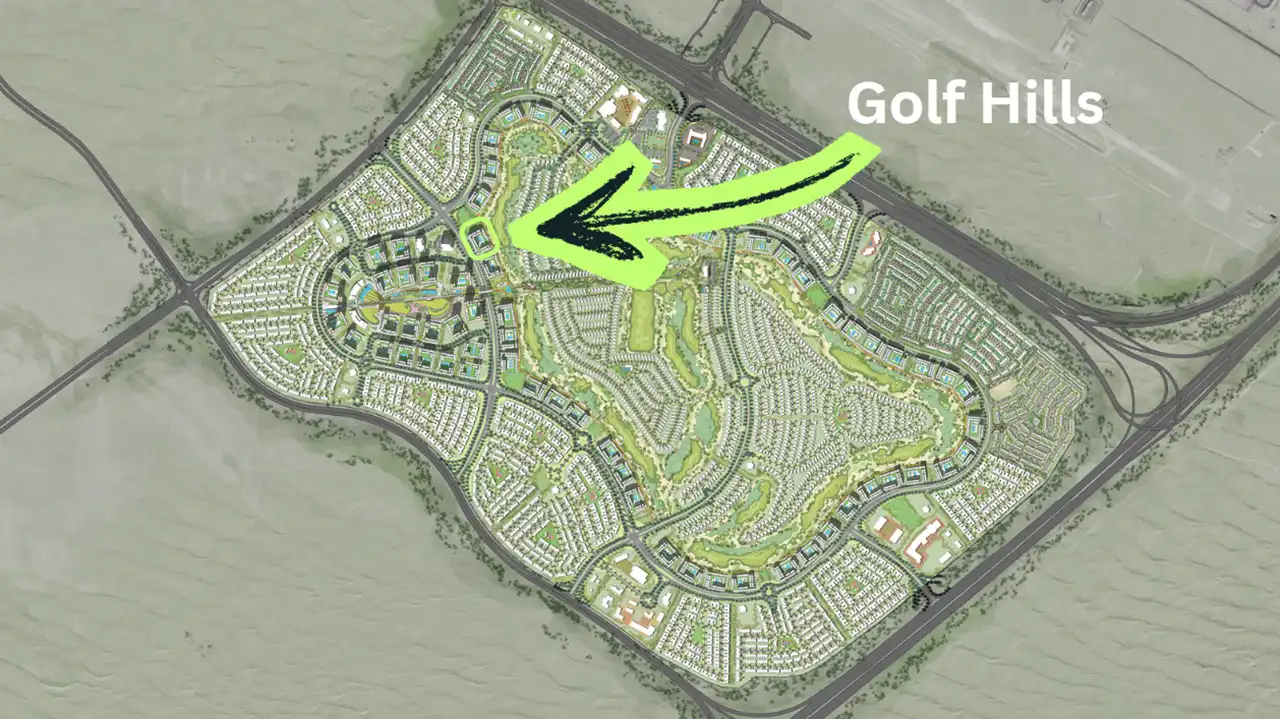 Golf Hills at Emaar South by Emaar masterplan location map showing residential clusters golf course and road connectivity in Dubai - Presented by Tohid Fetrat