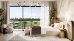 Golf Lane at Emaar South by Emaar modern bedroom interior with floor to ceiling windows and golf course view in Dubai - Presented by Tohid Fetrat