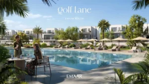 Golf Lane at Emaar South by Emaar community swimming pool with sun loungers palm trees and modern villas in Dubai - Presented by Tohid Fetrat
