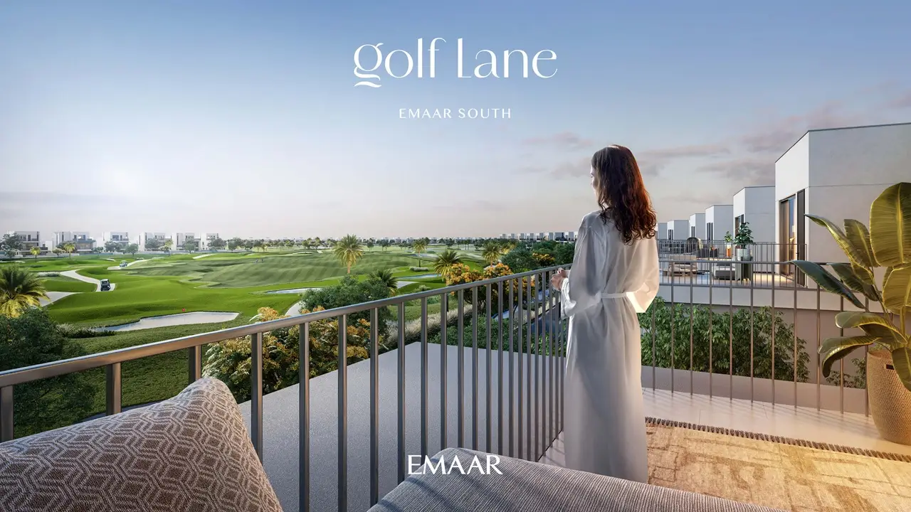 Golf Lane at Emaar South by Emaar community skyline with branding and soft sunset sky in Dubai - Presented by Tohid Fetrat