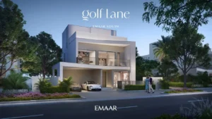 Golf Lane at Emaar South by Emaar modern villa evening exterior with soft lighting covered parking and landscaped surroundings in Dubai - Presented by Tohid Fetrat