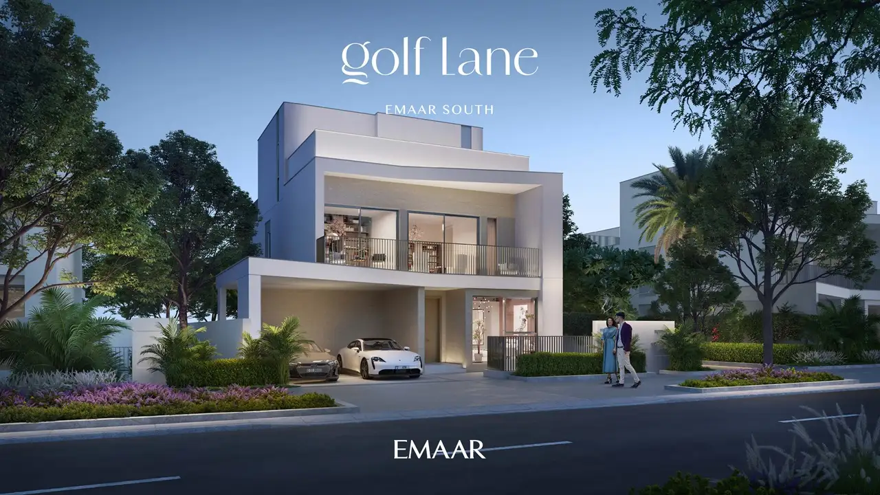 Golf Lane at Emaar South by Emaar modern villa evening exterior with soft lighting covered parking and landscaped surroundings in Dubai - Presented by Tohid Fetrat