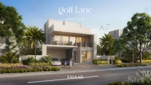 Golf Lane at Emaar South by Emaar modern villa street view with landscaped garden driveway and contemporary architecture in Dubai - Presented by Tohid Fetrat