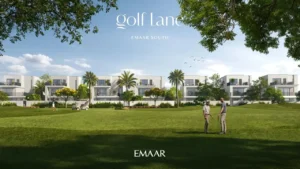 Golf Lane at Emaar South by Emaar villas facing landscaped golf course with palm trees and open green space in Dubai - Presented by Tohid Fetrat