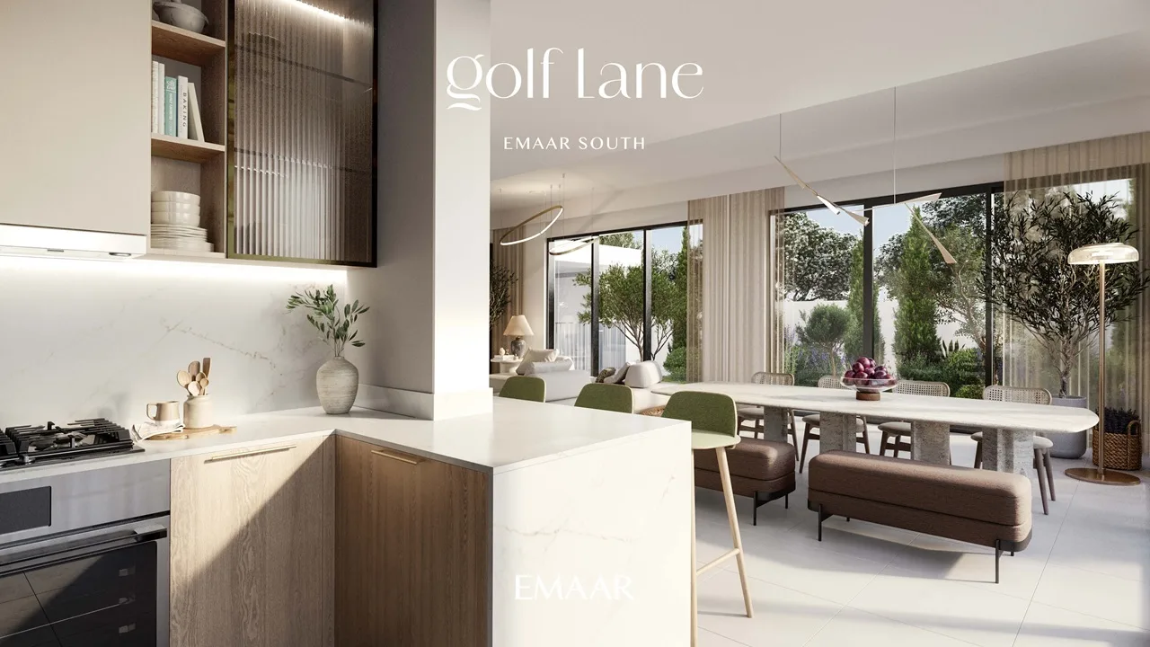 Golf Lane at Emaar South by Emaar modern kitchen and dining area with open plan layout large windows and garden view in Dubai - Presented by Tohid Fetrat