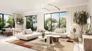 Golf Lane at Emaar South by Emaar modern living room with open plan layout large windows and garden view in Dubai - Presented by Tohid Fetrat
