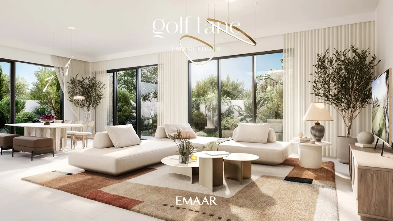 Golf Lane at Emaar South by Emaar modern living room with open plan layout large windows and garden view in Dubai - Presented by Tohid Fetrat