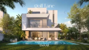 Golf Lane at Emaar South by Emaar modern villa exterior with private pool landscaped garden and terrace seating in Dubai - Presented by Tohid Fetrat