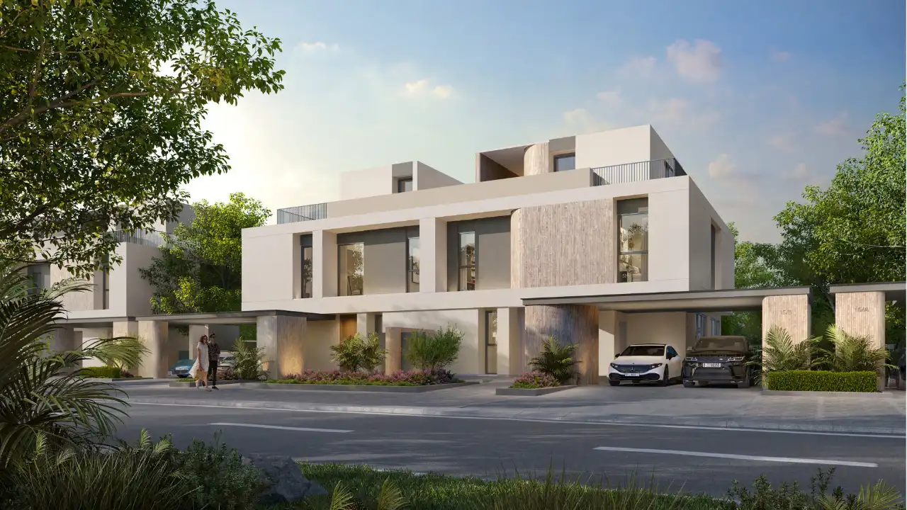 Golf Lane at Emaar South by Emaar modern villa street view with landscaped gardens covered parking and contemporary architecture in Dubai - Presented by Tohid Fetrat