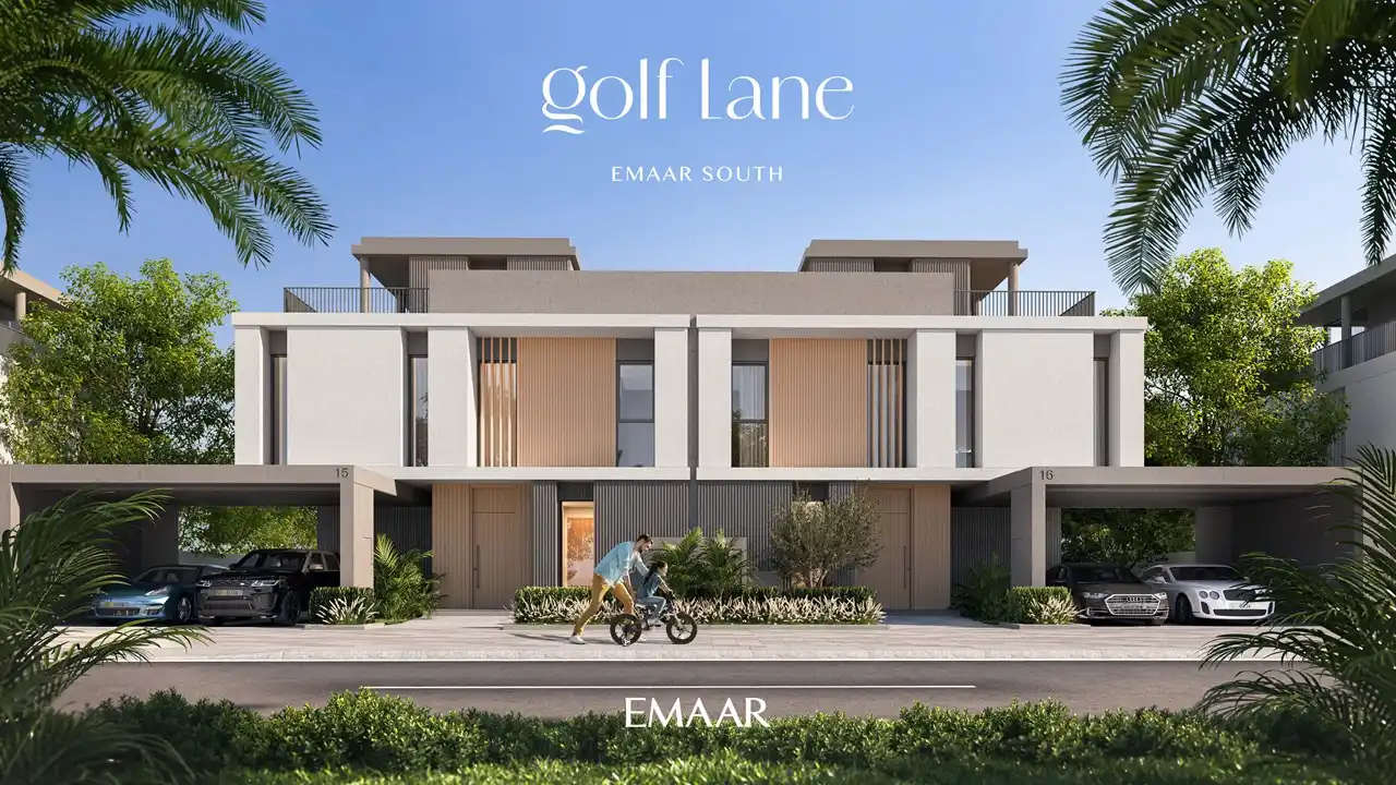 Golf Lane at Emaar South by Emaar modern villa facade with symmetrical design covered parking and landscaped frontage in Dubai - Presented by Tohid Fetrat