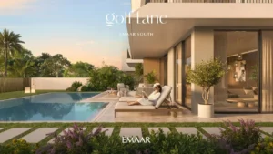 Golf Lane at Emaar South by Emaar villa terrace with private pool sun loungers and landscaped garden in Dubai - Presented by Tohid Fetrat