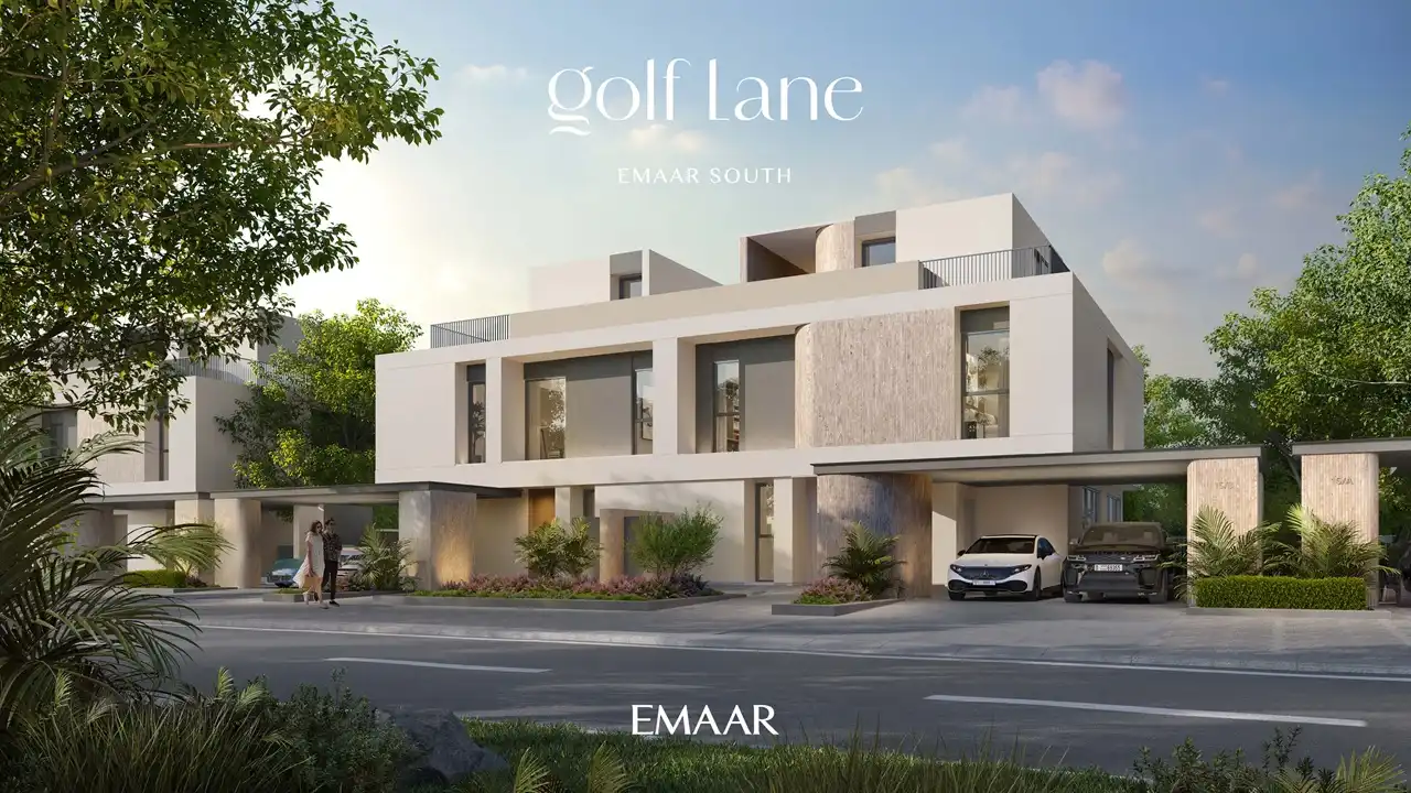 Golf Lane at Emaar South by Emaar modern villa street view with clean architecture covered parking and landscaped entrance in Dubai - Presented by Tohid Fetrat