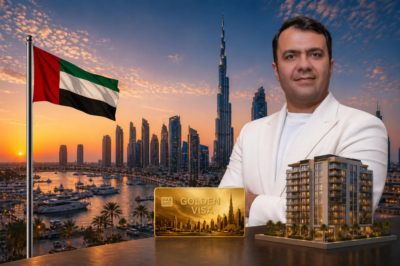 Dubai Golden Visa through property investment concept with skyline UAE flag and residential tower model for Grand Bleu Tower - Presented by Tohid Fetrat