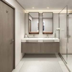 Grand Bleu Tower at Emaar Beachfront by Emaar modern bathroom with double vanity mirrors marble countertop and glass shower in Dubai - Presented by Tohid Fetrat
