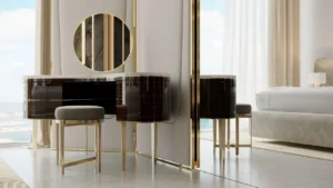 Grand Bleu Tower at Emaar Beachfront by Emaar luxury vanity area with round mirror glossy finishes and floor to ceiling windows in Dubai - Presented by Tohid Fetrat