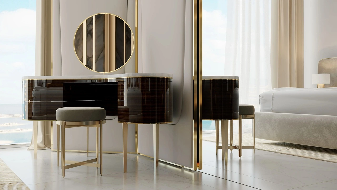 Grand Bleu Tower at Emaar Beachfront by Emaar luxury vanity area with round mirror glossy finishes and floor to ceiling windows in Dubai - Presented by Tohid Fetrat