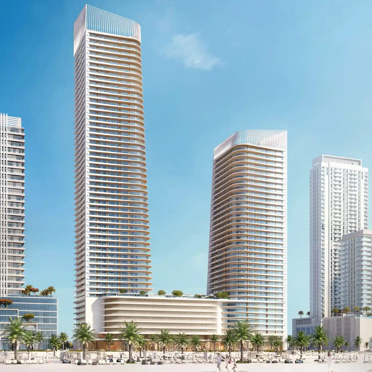 Grand Bleu Tower at Emaar Beachfront by Emaar beachfront residential towers with modern architecture and palm lined promenade in Dubai - Presented by Tohid Fetrat