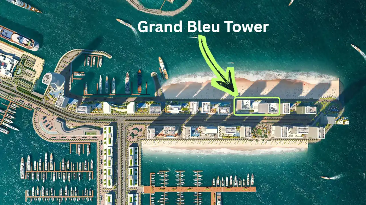 Grand Bleu Tower at Emaar Beachfront by Emaar location map aerial view showing beachfront position and marina surroundings in Dubai - Presented by Tohid Fetrat